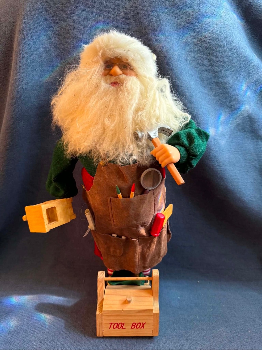Handyman Santa Figure in Green Sweater with Brown Apron